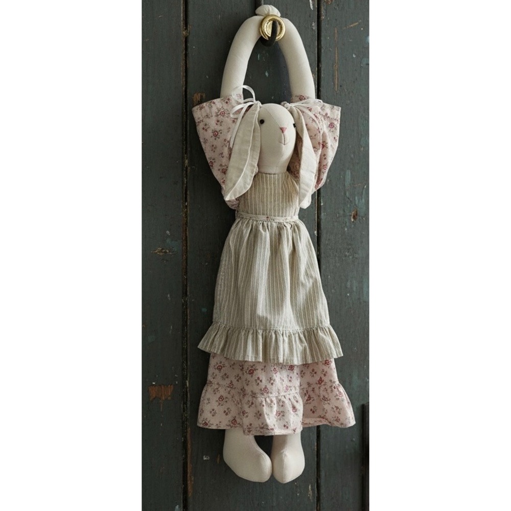 Primitive Cloth Hanging Bunny Floral Striped Dress Cottagecore Folk Art 24in